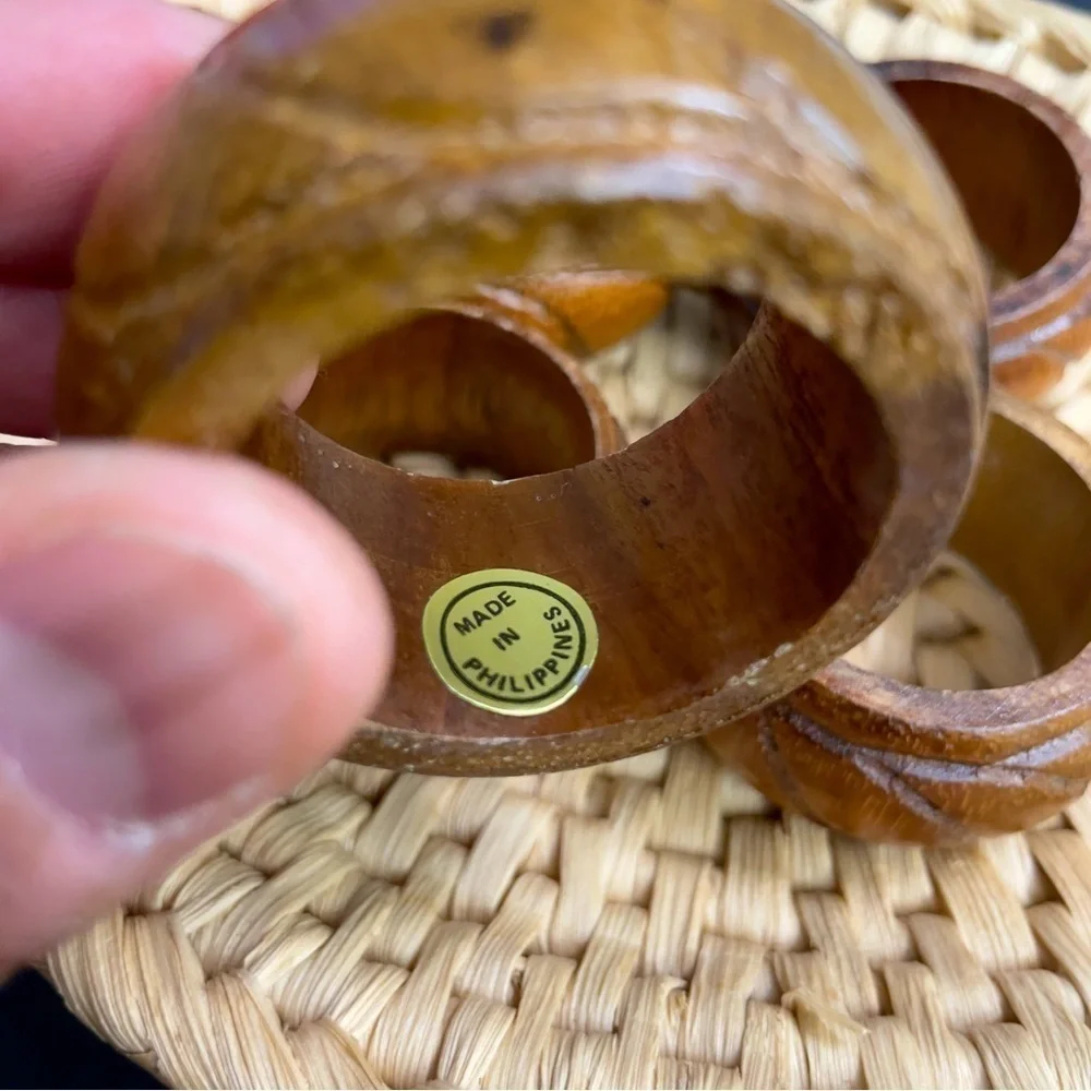 Vintage Hand Carved Teakwood Napkin Rings Made in Philippines (Lot of 6 )